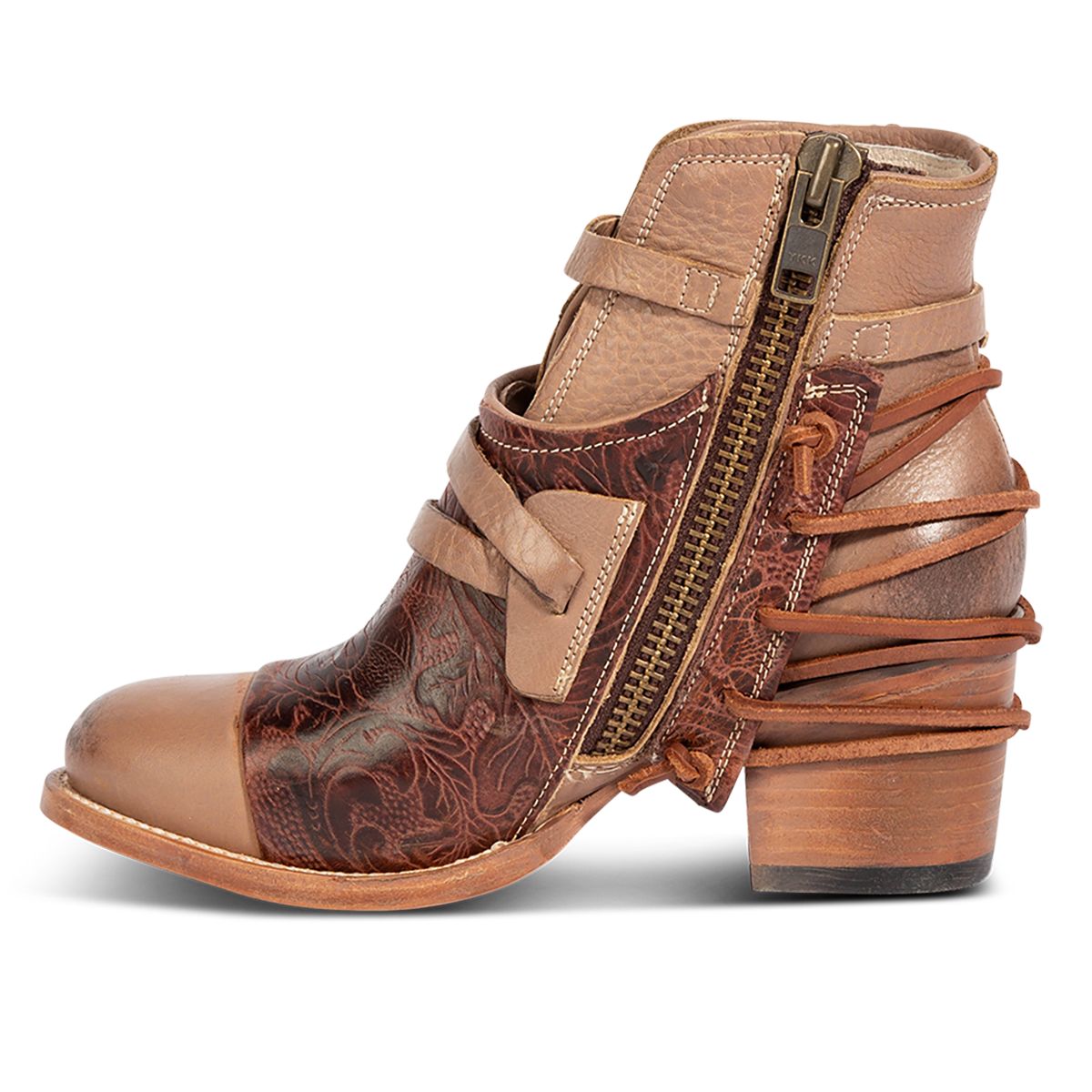 Inside view showing a full working zipper and embossed leather detailing on FREEBIRD women's Crue clay multi leather back lacing bootie