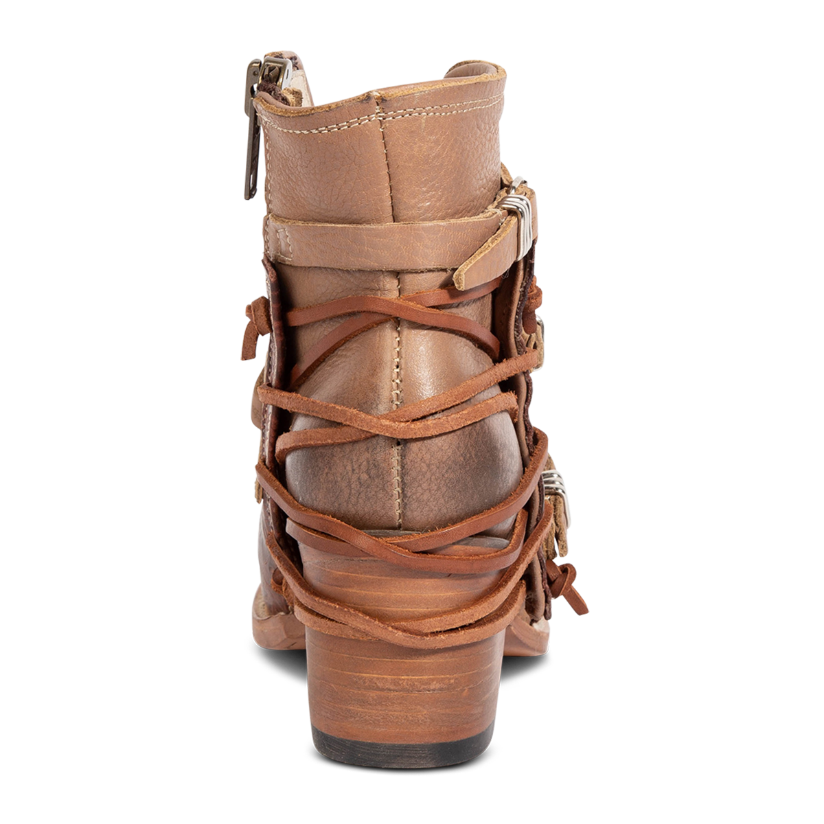 Back view showing a lifted heel and back tie lacing on FREEBIRD women's Crue clay multi leather back lacing bootie