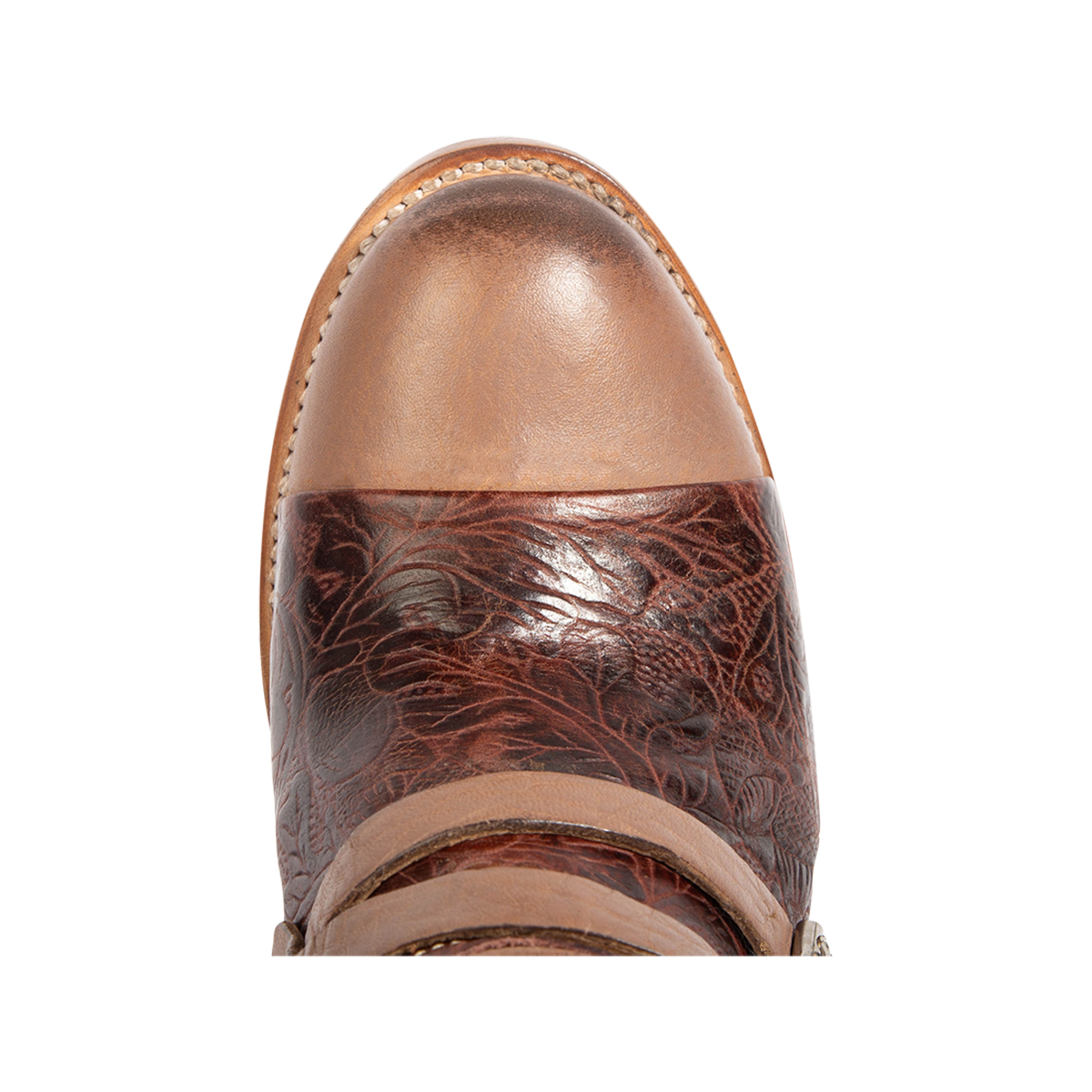 Freebird CRUE clay Multi leather booties featuring back lacing, buckled straps, and a plunging front dip.