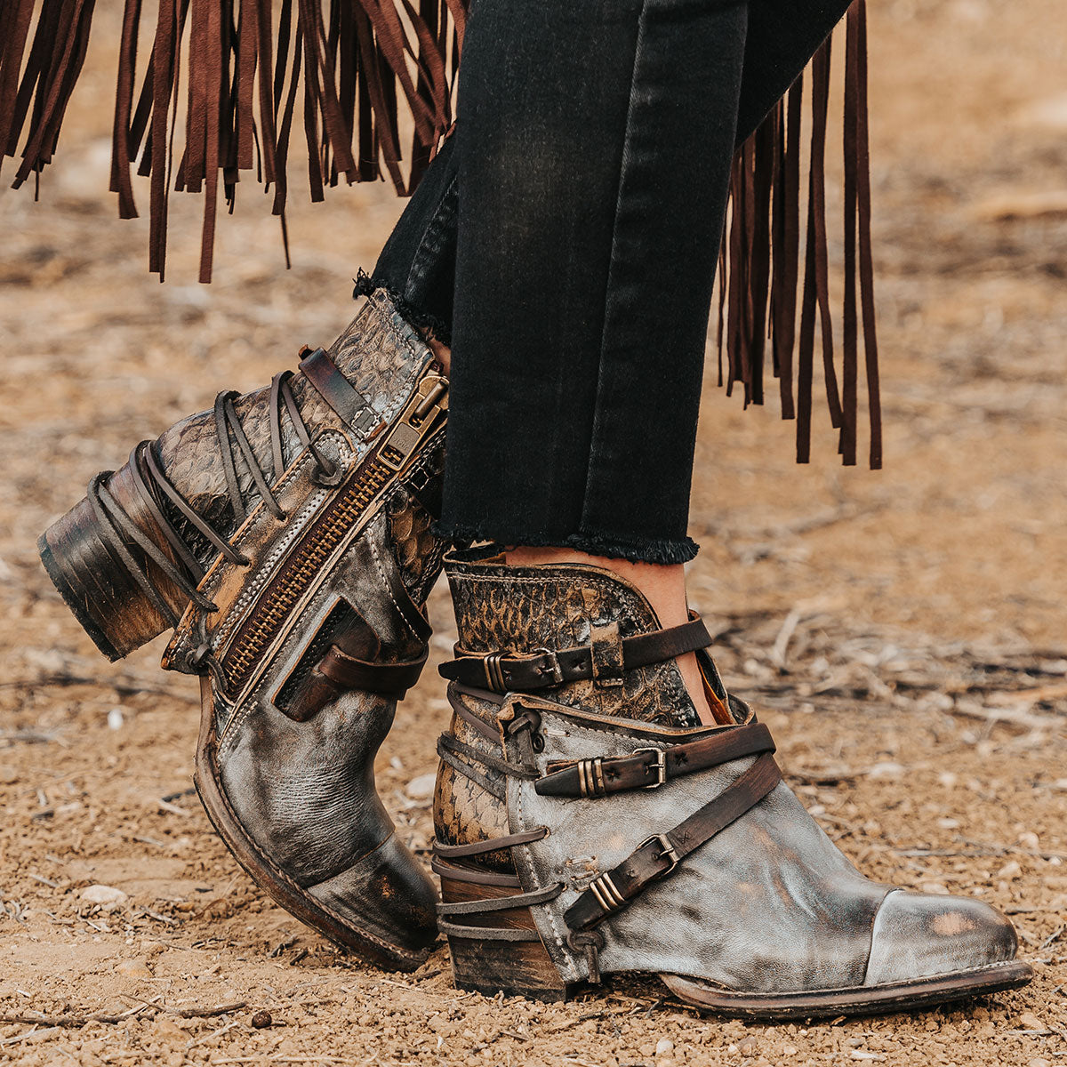 CRUE graphite Multi leather back lace booties with two-texture leather, decorative buckled straps, and inside zippers