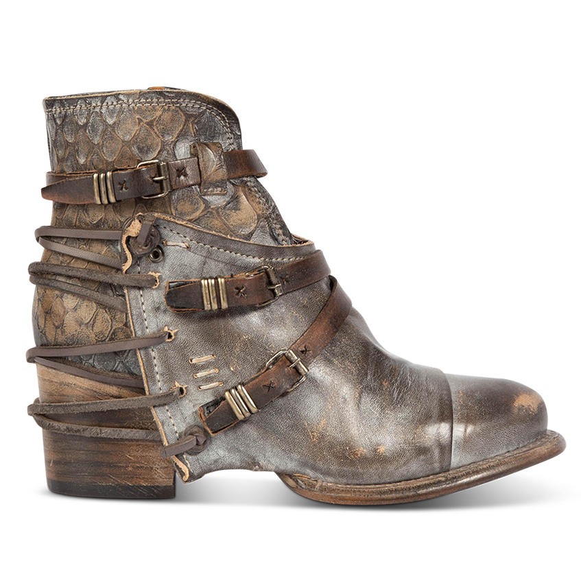 CRUE graphite Multi leather back lace booties with two-texture leather, decorative buckled straps, and inside zippers