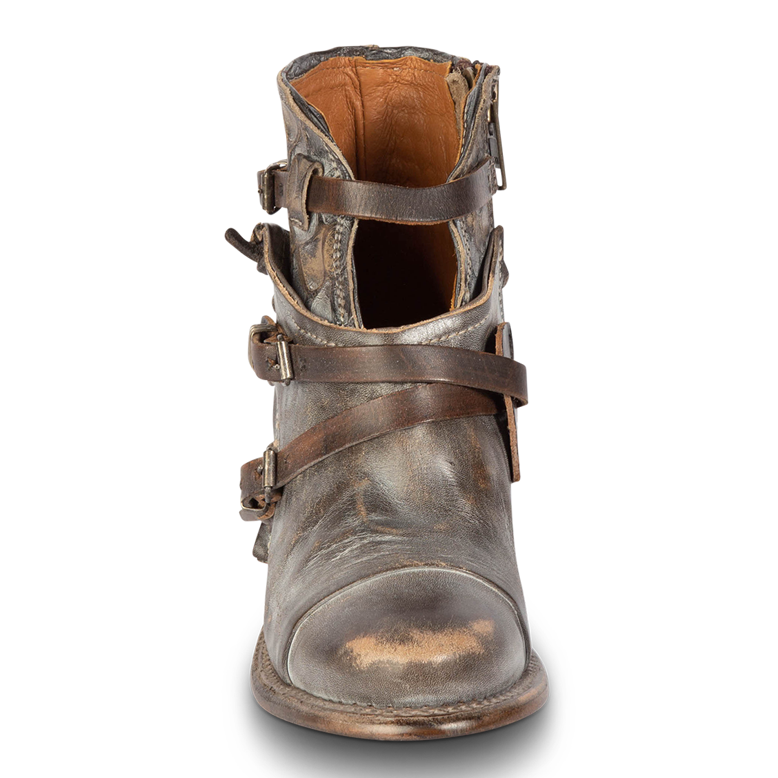 Front view showing Freebird women's Crue graphite multi leather back lacing bootie with decorative buckles and a front-dip with embossed leather
