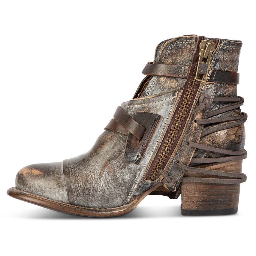 Inside view showing a full working zipper and embossed leather detailing on FREEBIRD women's Crue graphite multi leather back lacing bootie