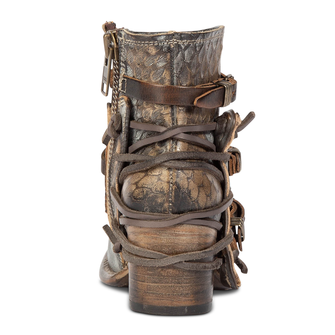 Back view showing a lifted heel and back tie lacing on FREEBIRD women's Crue graphite multi leather back lacing bootie