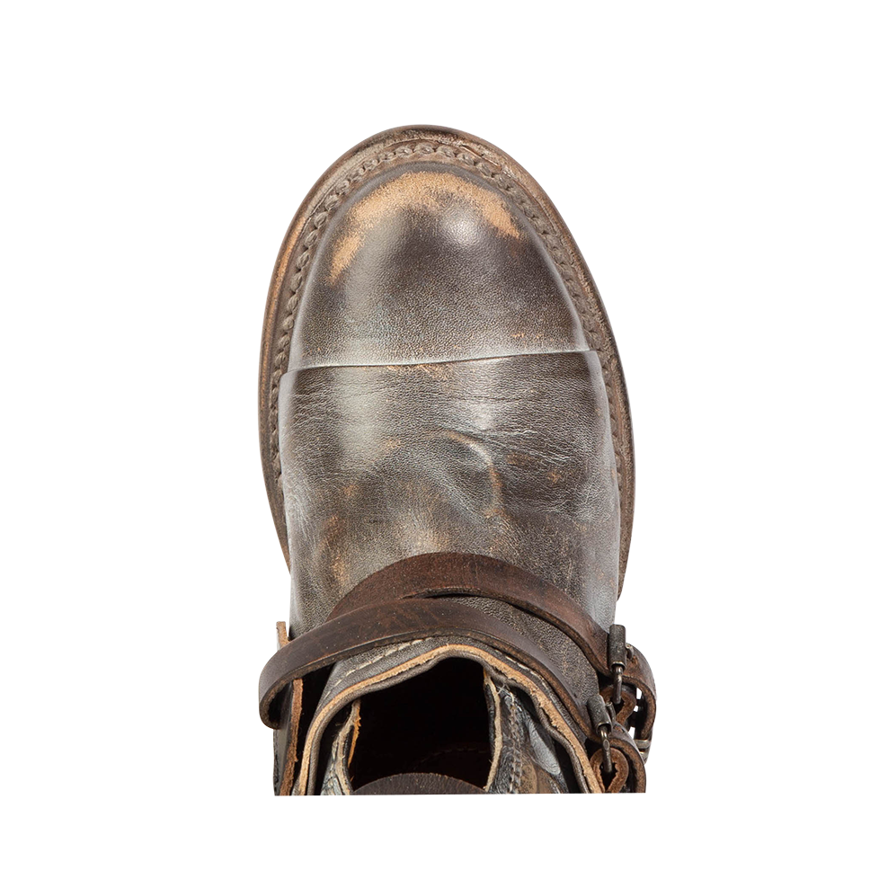 Freebird CRUE graphite Multi leather booties featuring back lacing, buckled straps, and a plunging front dip