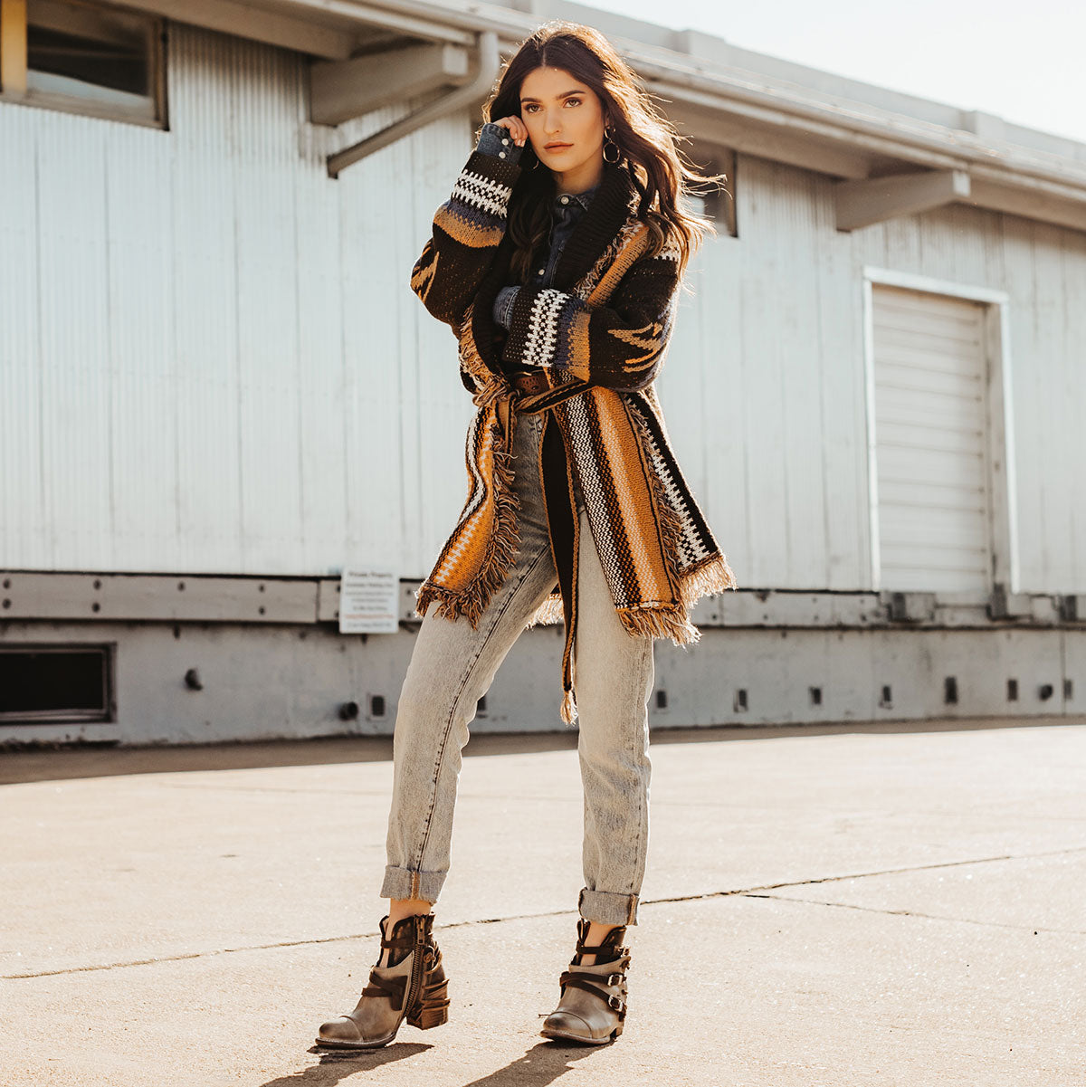 FREEBIRD women's Crue grey multi leather cutout ankle bootie with silver hardware straps and back lacing detail lifestyle image