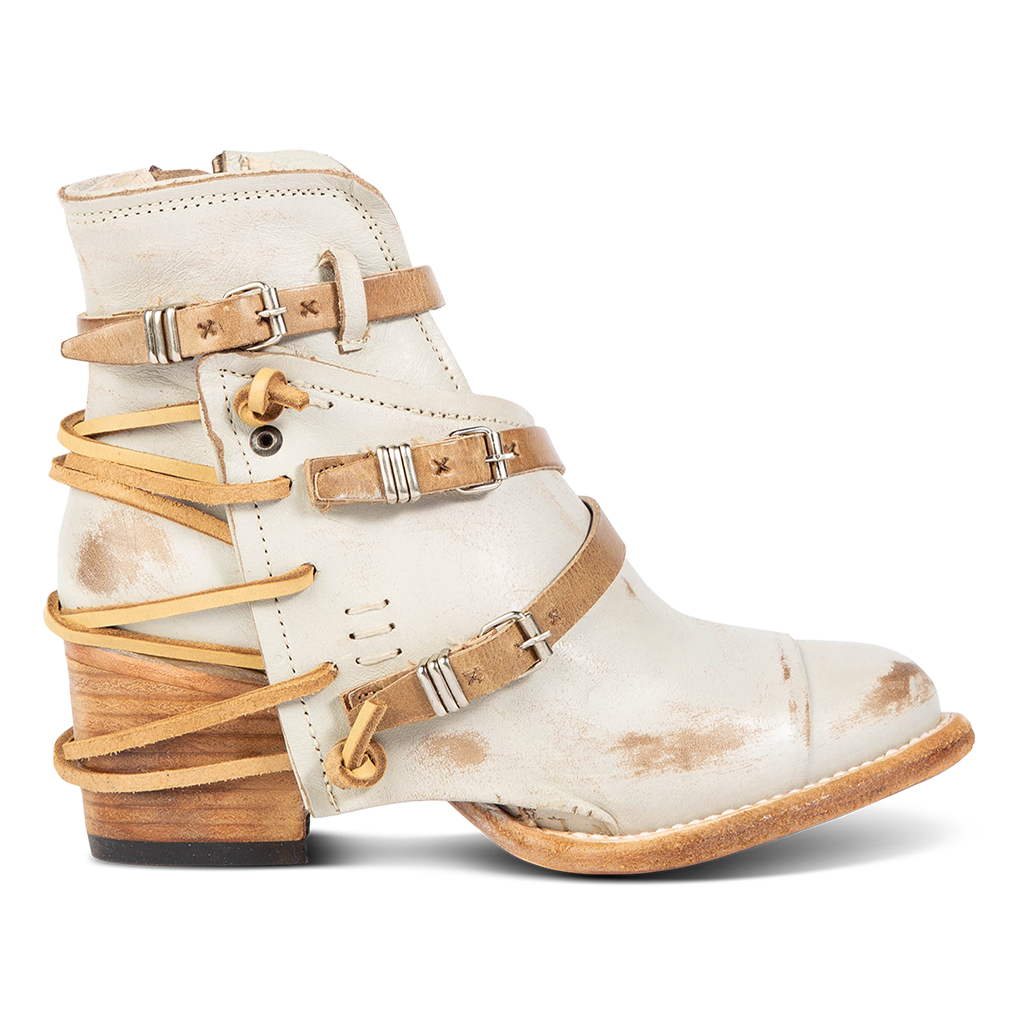 FREEBIRD women's Crue ice leather cutout ankle bootie with silver hardware straps and back lacing detail