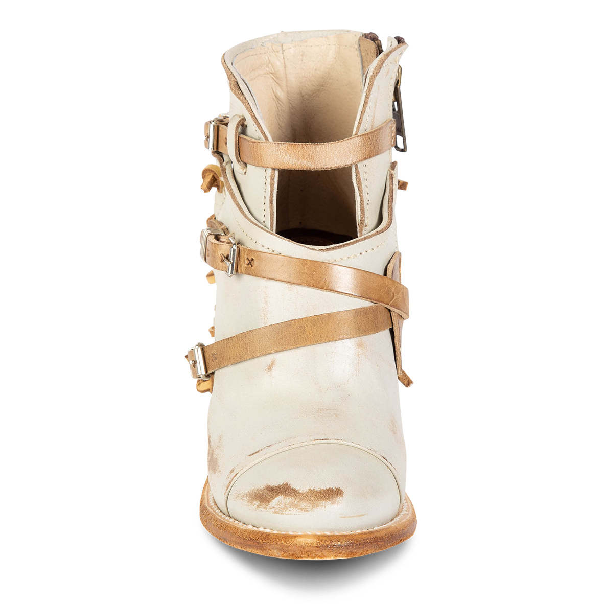 Front view showing cutout and leather ankle straps on FREEBIRD women's Crue ice leather bootie