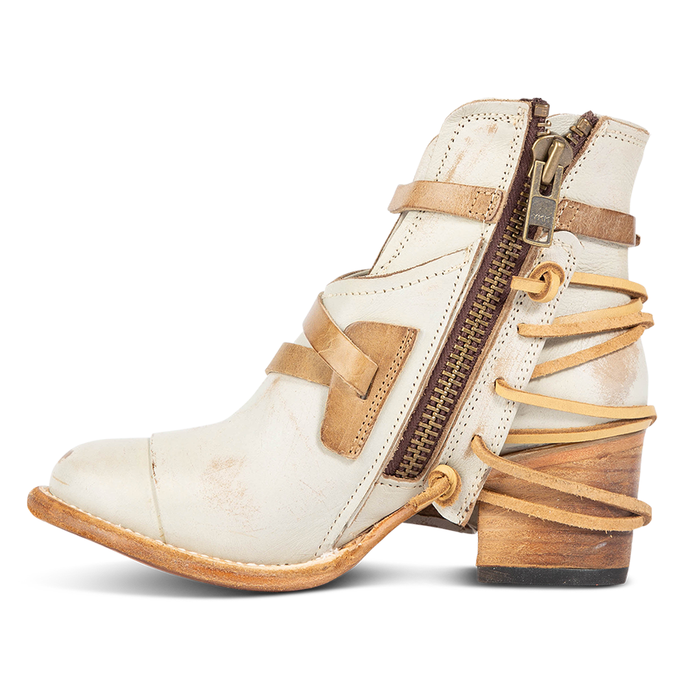 Inside view showing working brass zip closure on FREEBIRD women's Crue ice leather bootie