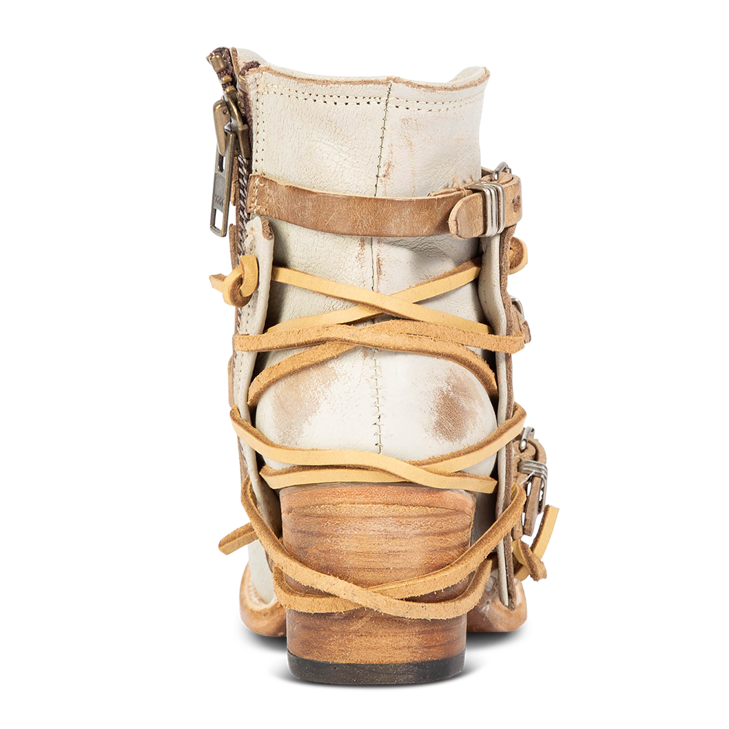 Back view showing black leather lacing and wood wrapped heel on FREEBIRD women's Crue ice leather bootie