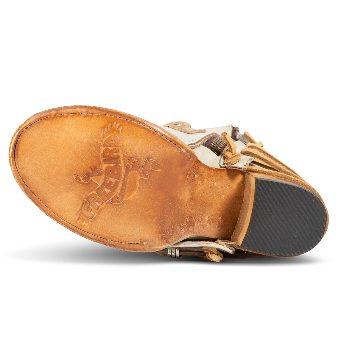 Leather sole imprinted with FREEBIRD on women's Crue ice leather bootie