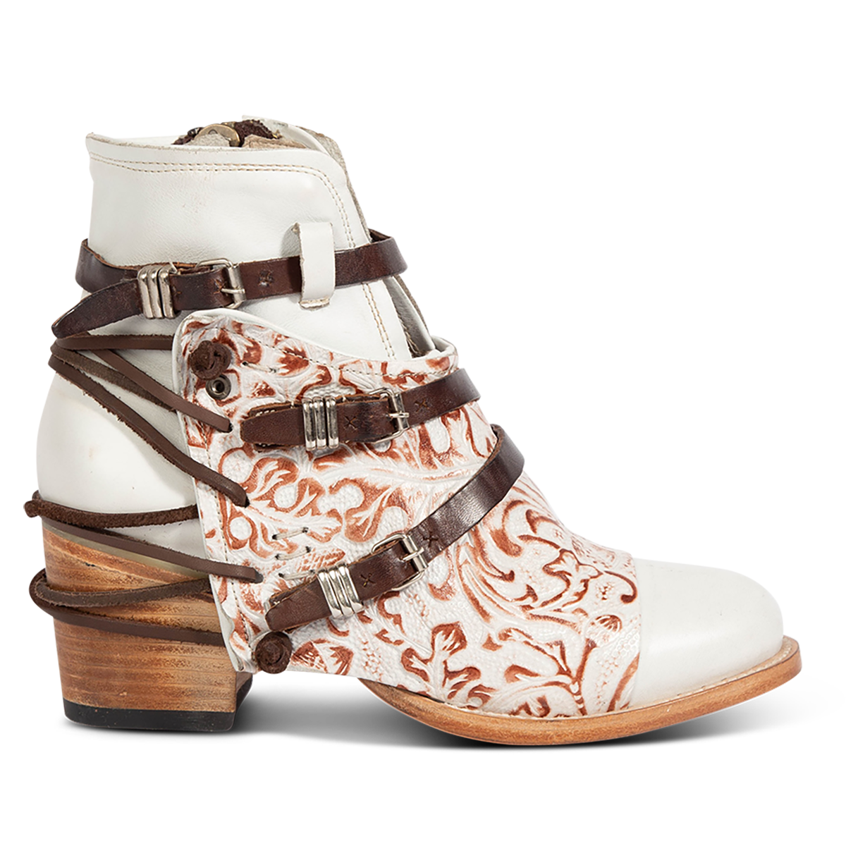 CRUE white Multi leather back lace booties with two-texture leather, decorative buckled straps, and inside zippers