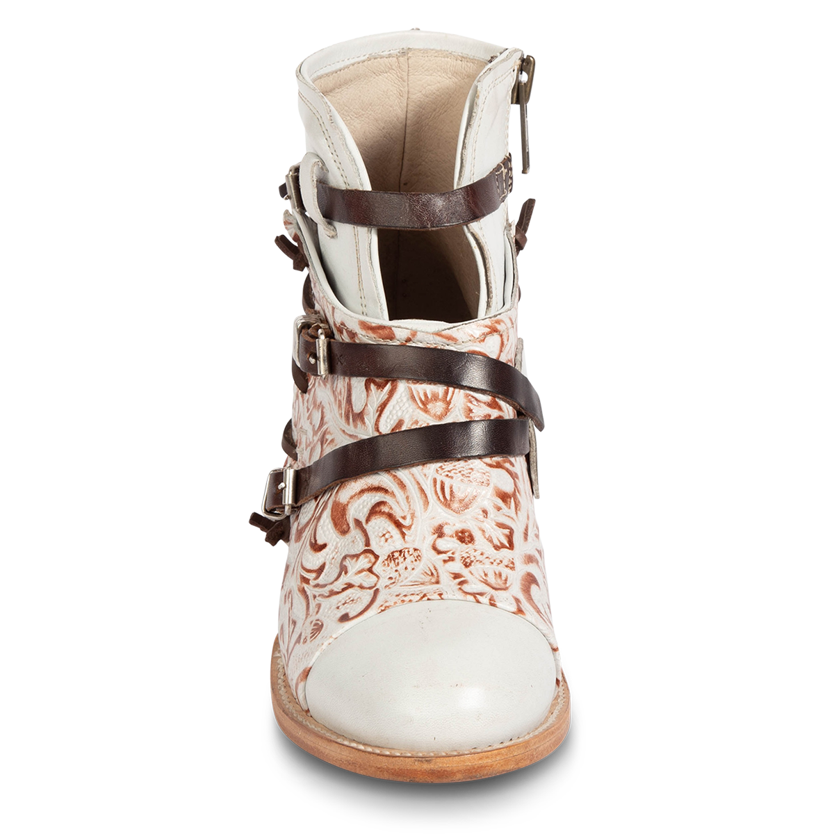 Front view showing Freebird women's Crue white multi leather back lacing bootie with decorative buckles and a front-dip with embossed leather