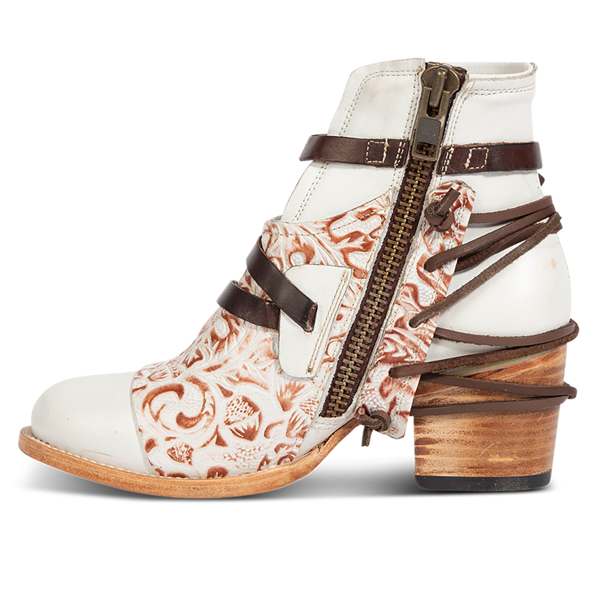 Inside view showing a full working zipper and embossed leather detailing on FREEBIRD women's Crue white multi leather back lacing bootie