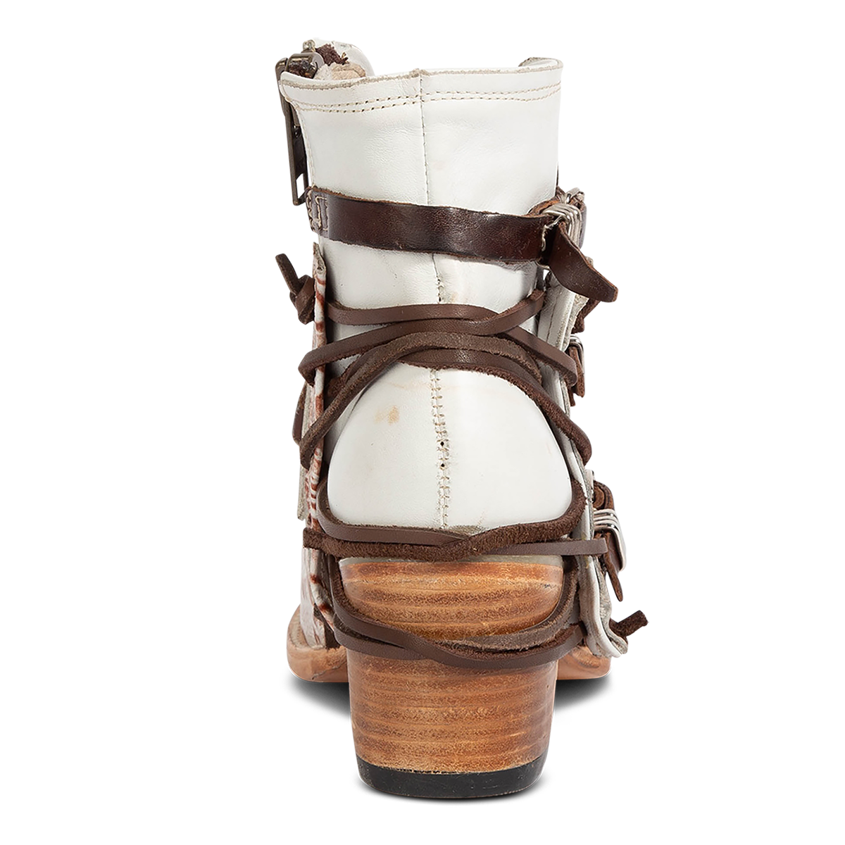 Back view showing a lifted heel and back tie lacing on FREEBIRD women's Crue white multi leather back lacing bootie
