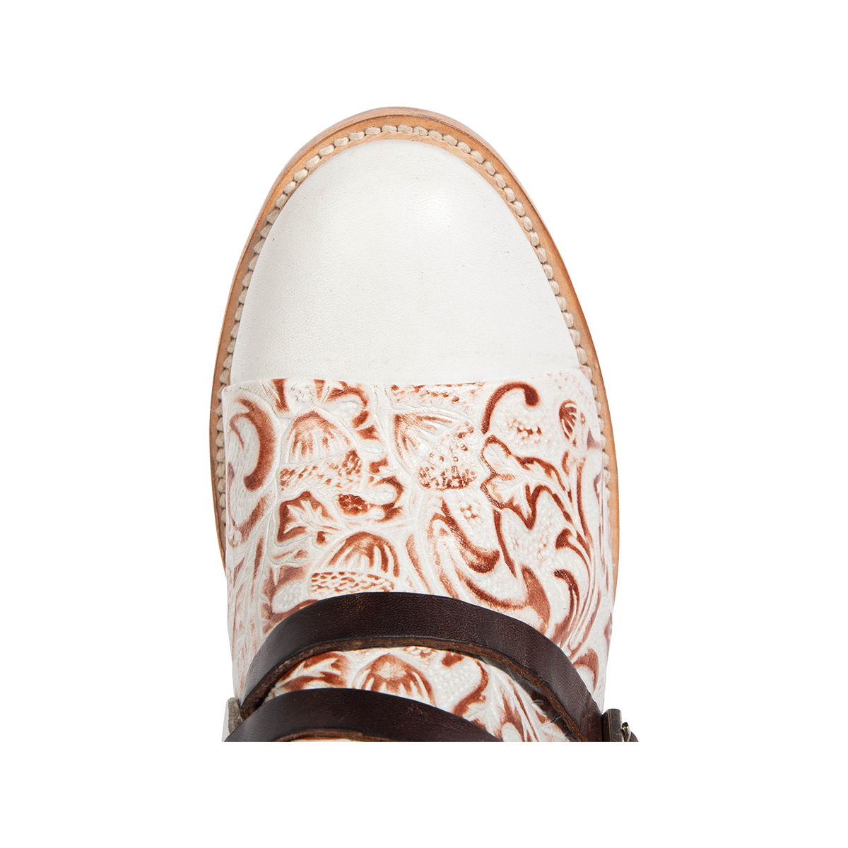 Top view showing two-texture leather on FREEBIRD women's Crue white multi lack lacing bootie