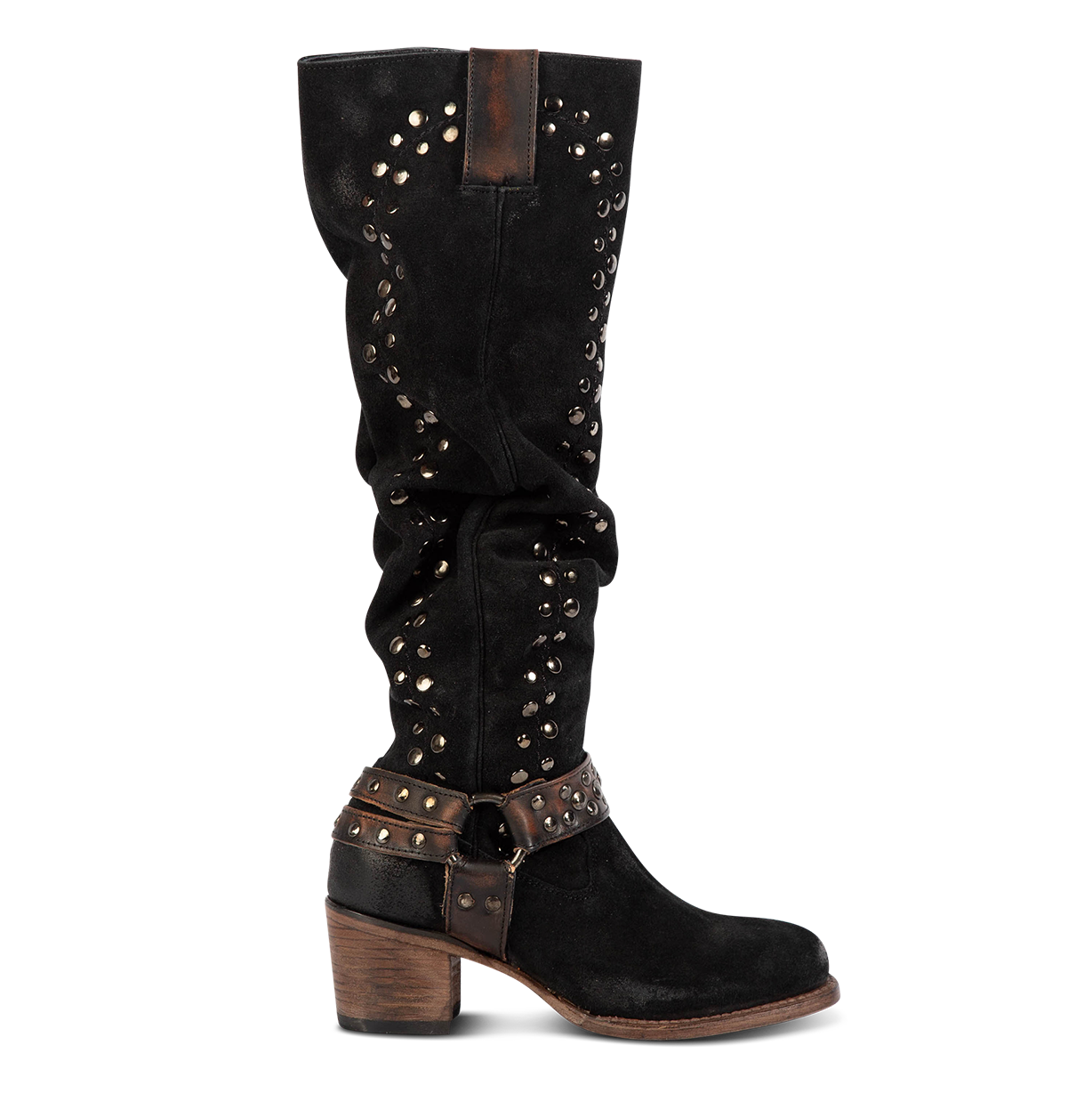 FREEBIRD women's Daisy black knee high suede boot with inside zip closure and stud detailing