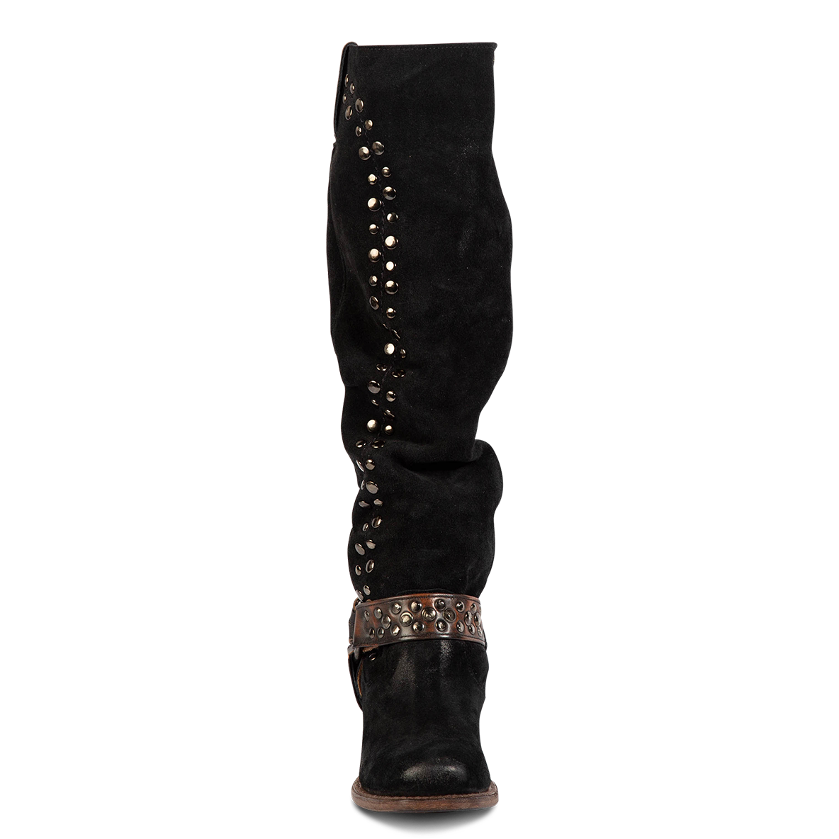 Front view showing tall suede shaft and contrasting studded ankle harness on FREEBIRD womens Daisy black boot