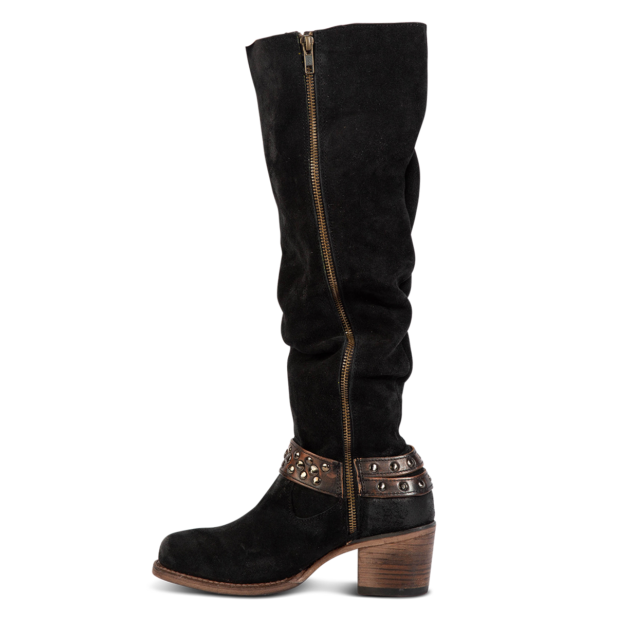 Inside view showing working full brass zip closure and studded ankle harness on FREEBIRD womens Daisy black boot
