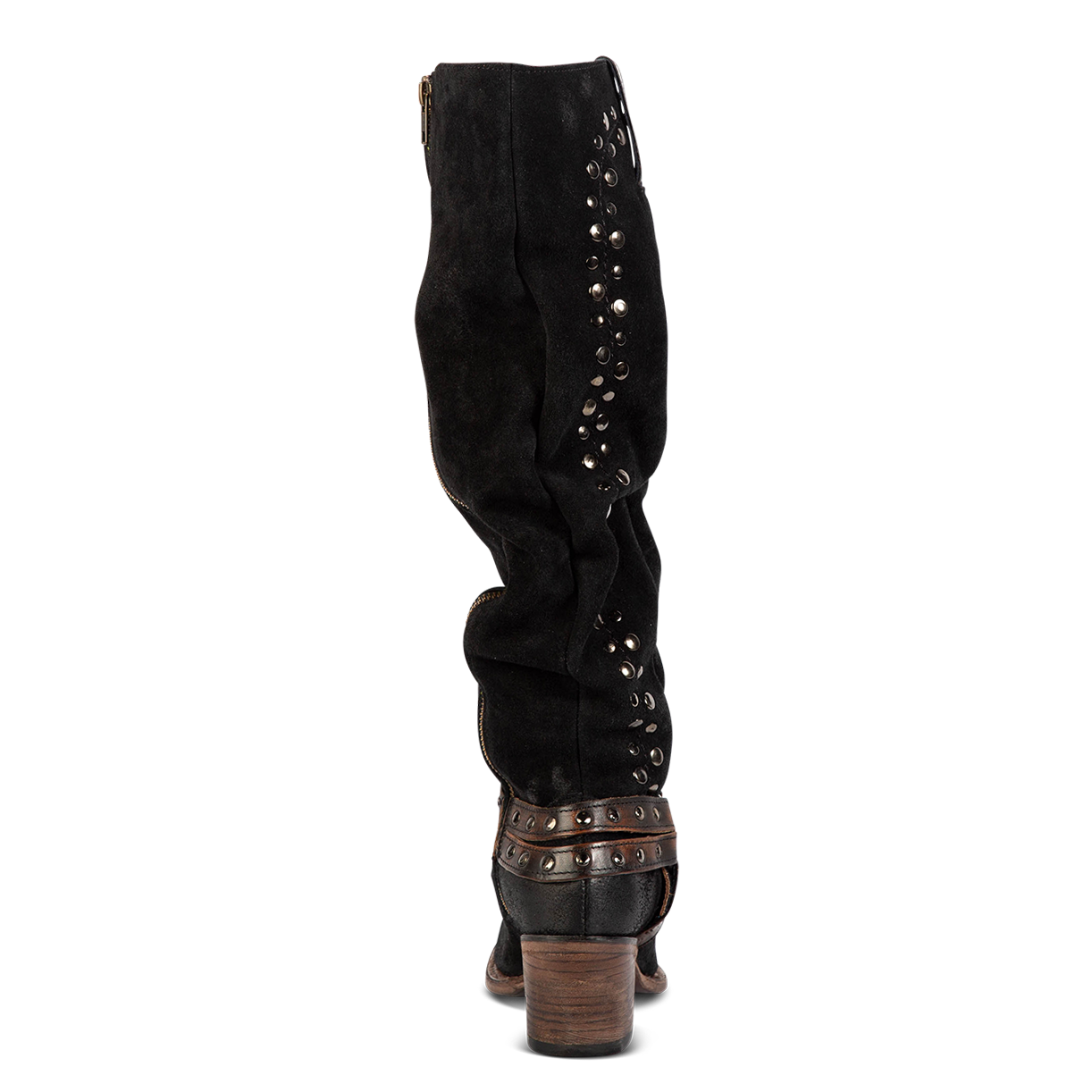 Back view showing tall suede shaft and contrasting heel and ankle harness on FREEBIRD womens Daisy black boot