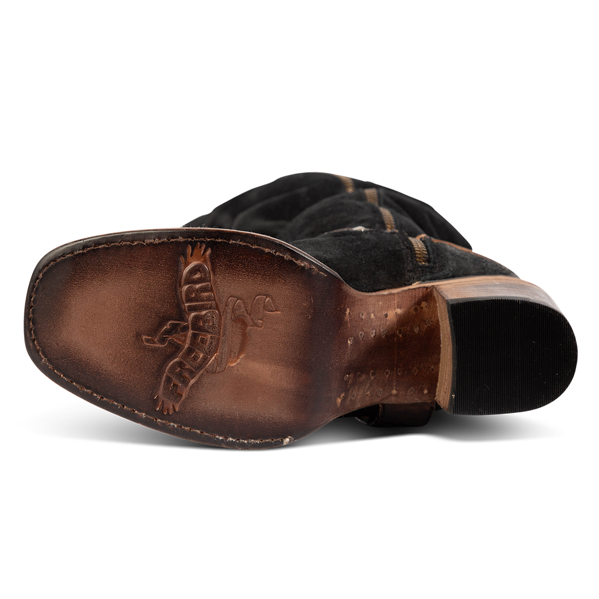 Leather sole imprinted with FREEBIRD on Daisy black tall boot
