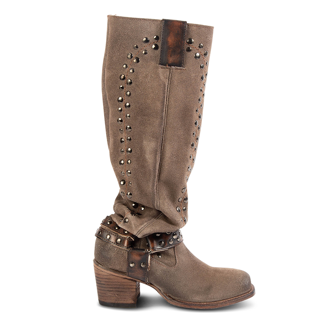 FREEBIRD women's Daisy taupe knee high suede boot with inside zip closure and stud detailing