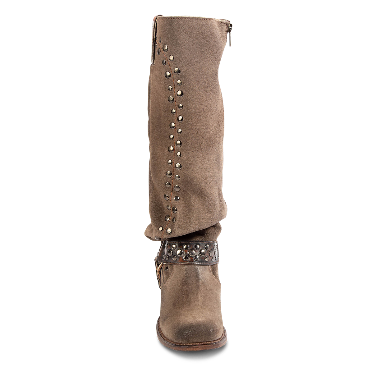 Front view showing tall suede shaft and contrasting studded ankle harness on FREEBIRD womens Daisy taupe boot