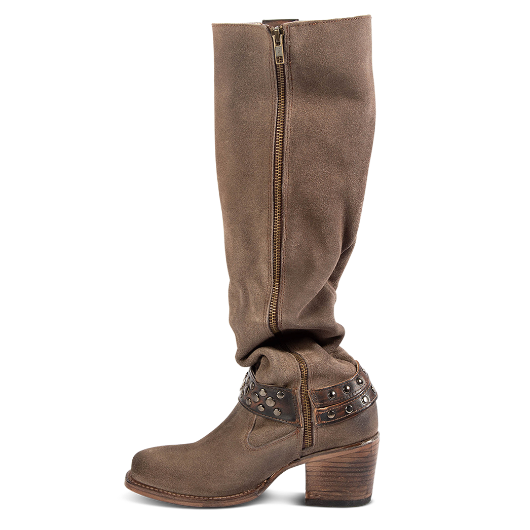 Inside view showing working full brass zip closure and studded ankle harness on FREEBIRD womens Daisy taupe boot