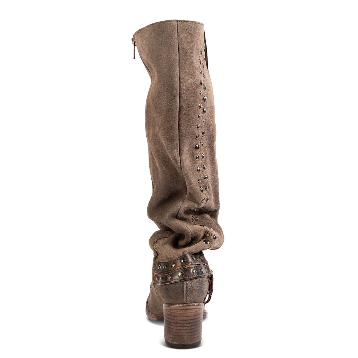 Back view showing tall suede shaft and contrasting heel and ankle harness on FREEBIRD womens Daisy taupe boot