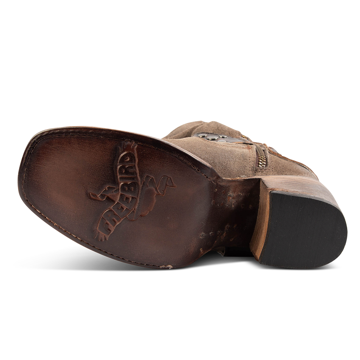 Leather sole imprinted with FREEBIRD on Daisy taupe tall boot