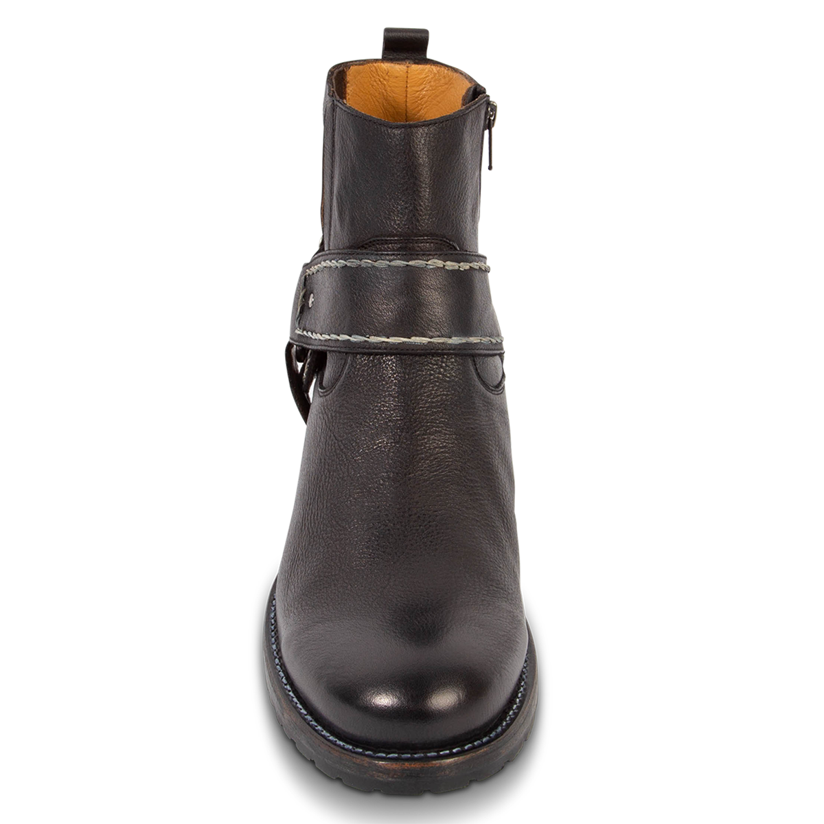 Front view showing an ankle harness strap, round toe and Goodyear welt on FREEBIRD men's Dallas black leather boot 