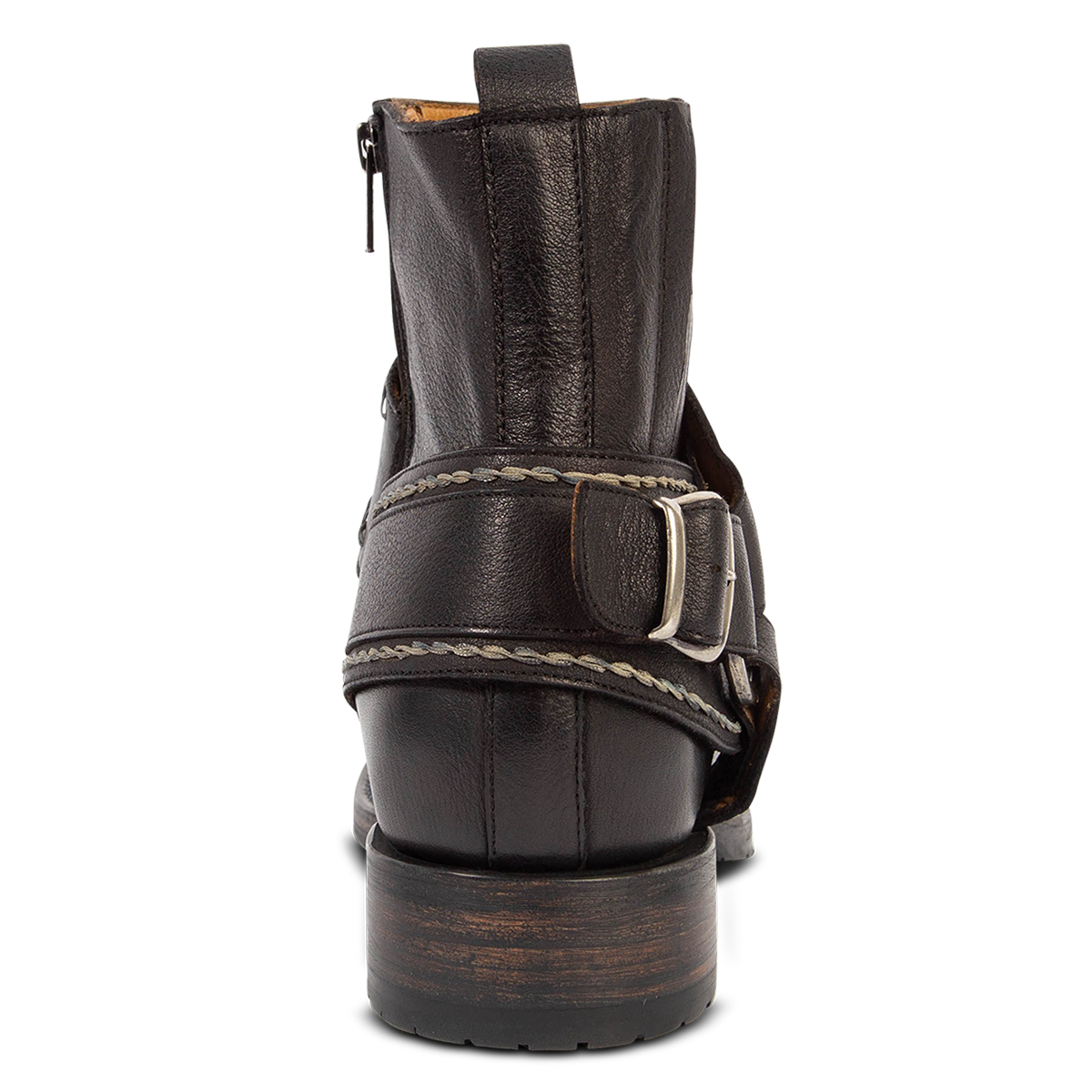 Back view showing a leather ankle harness strap, low heel and inside working brass zipper on FREEBIRD men's Dallas black leather boot 