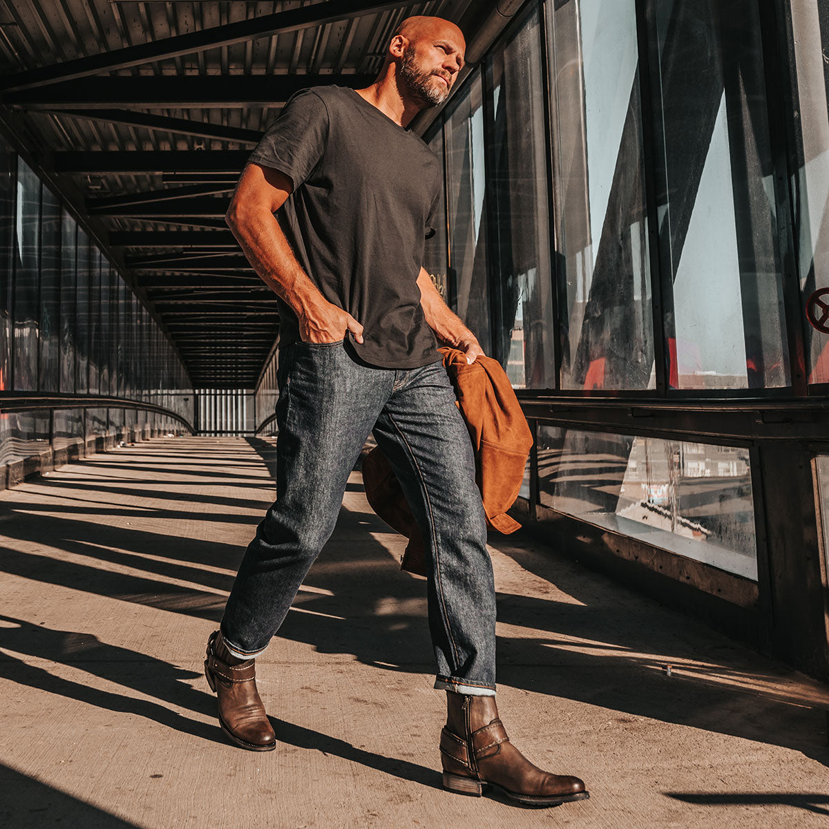 FREEBIRD men's Dallas brown distressed leather boot with an inside zip closure, leather ankle harness and gore detailing lifestyle 