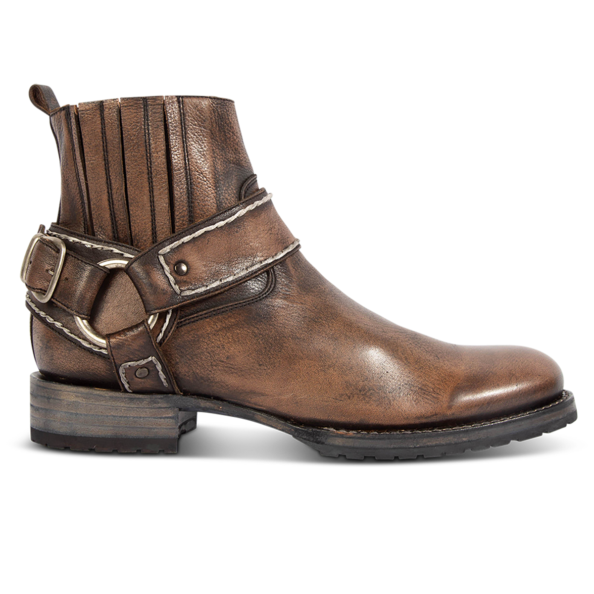 FREEBIRD men's Dallas brown distressed leather boot with an inside zip closure, leather ankle harness and gore detailing