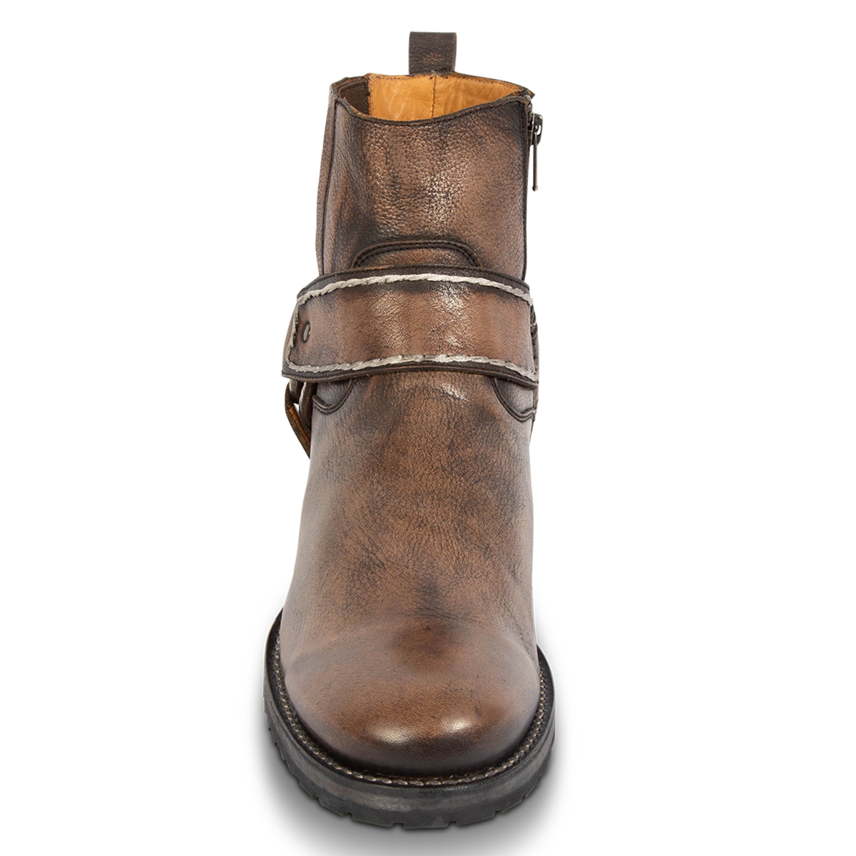Front view showing an ankle harness strap, rose toe and Goodyear welt on FREEBIRD men's Dallas brown distressed leather boot 