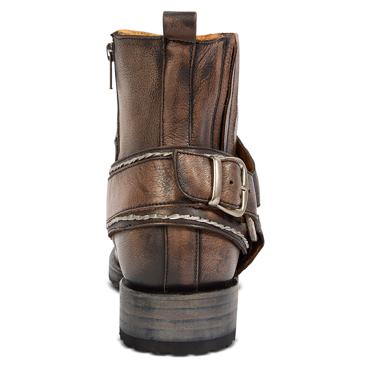 Back view showing a leather ankle harness strap, low heel and inside working brass zipper on FREEBIRD men's Dallas brown distressed leather boot 