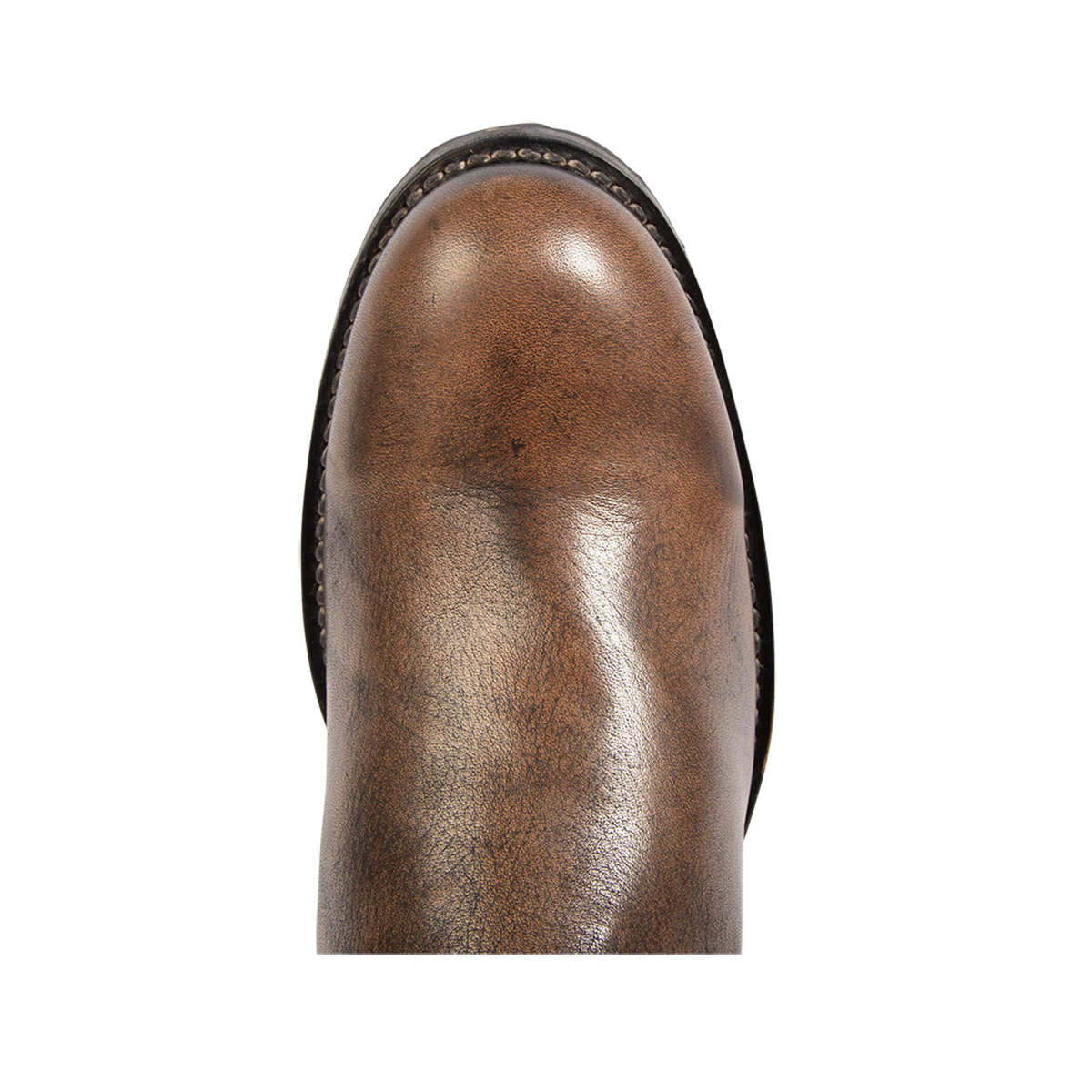 Top view showing rounded toe on and full grain leather on FREEBIRD men's Dallas brown distressed leather boot 