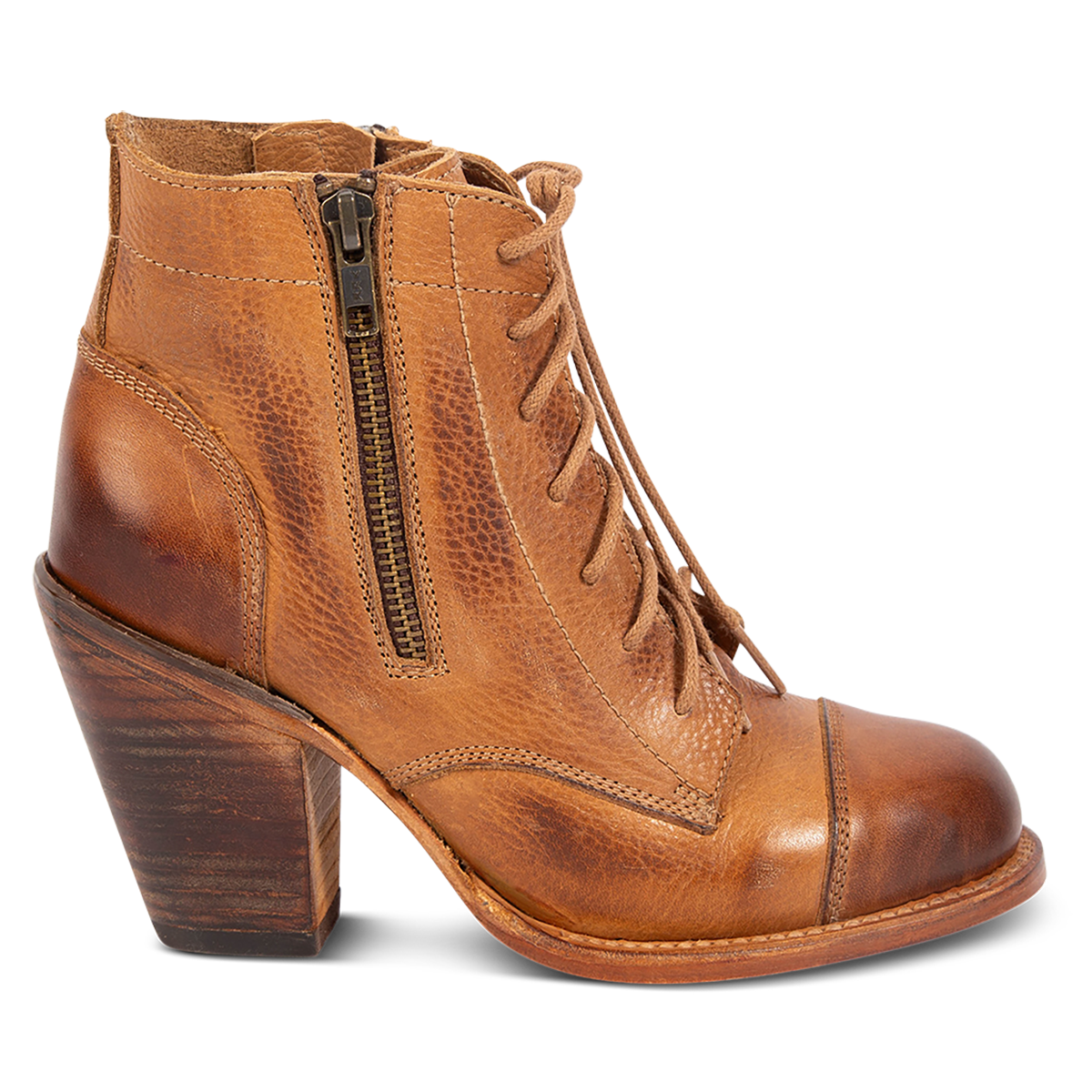 FREEBIRD women's Dame wheat multi leather bootie with an inside working zipper, front lie lacing and abstract leather detailing