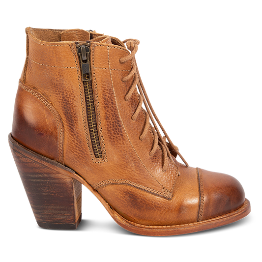FREEBIRD women's Dame wheat multi leather bootie with an inside working zipper, front lie lacing and abstract leather detailing