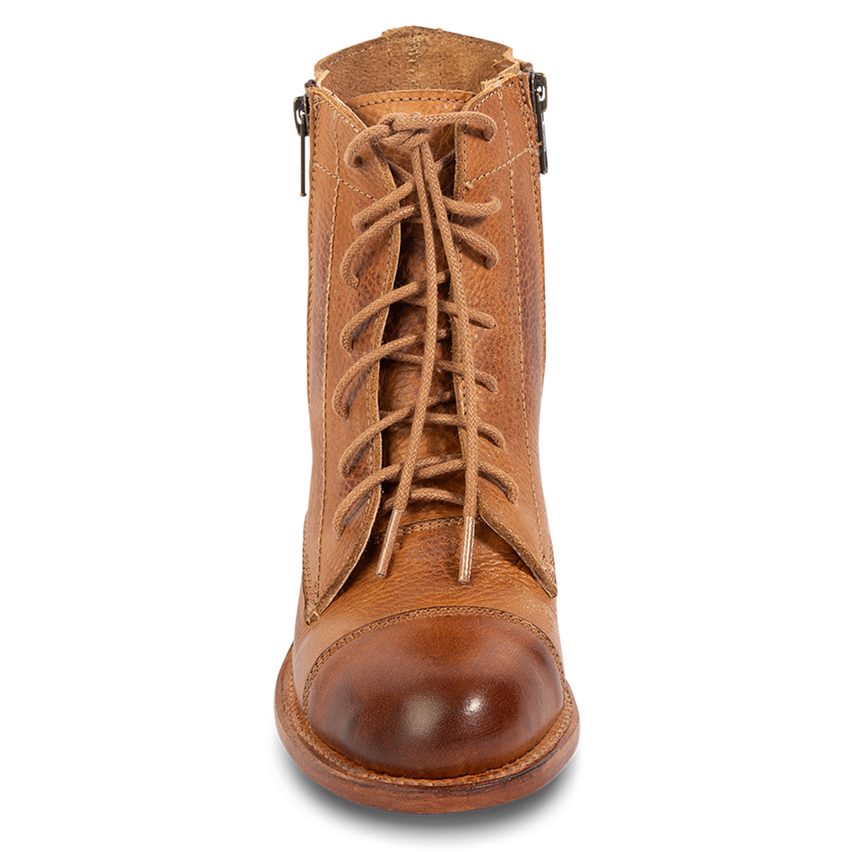 Front view showing FREEBIRD women's Dame wheat multi leather bootie with an front lie lacing and abstract leather detailing