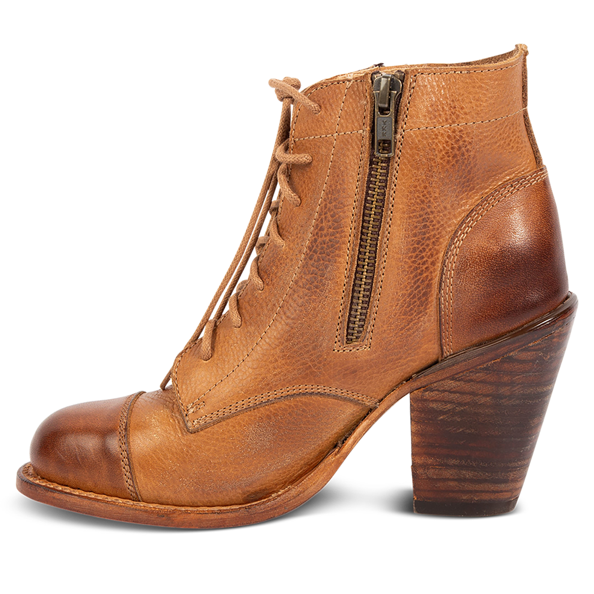 Inside view showing FREEBIRD women's Dame wheat multi leather bootie with an inside working zipper, front lie lacing and abstract leather detailing