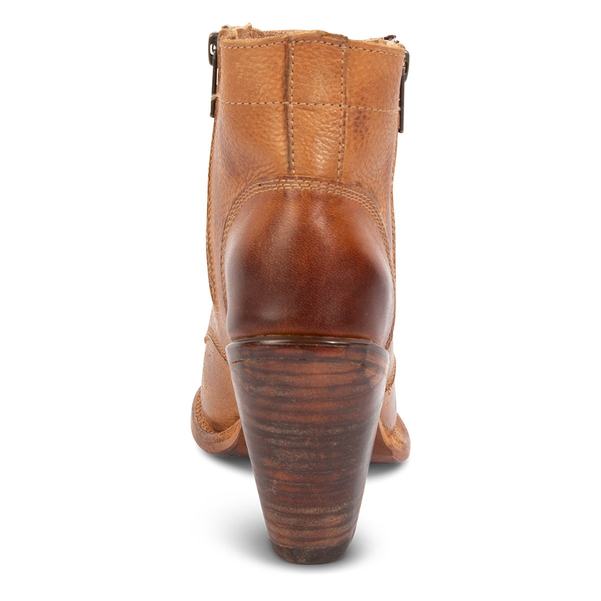 Back view showing FREEBIRD women's Dame wheat multi leather bootie with a stacked inverted heel