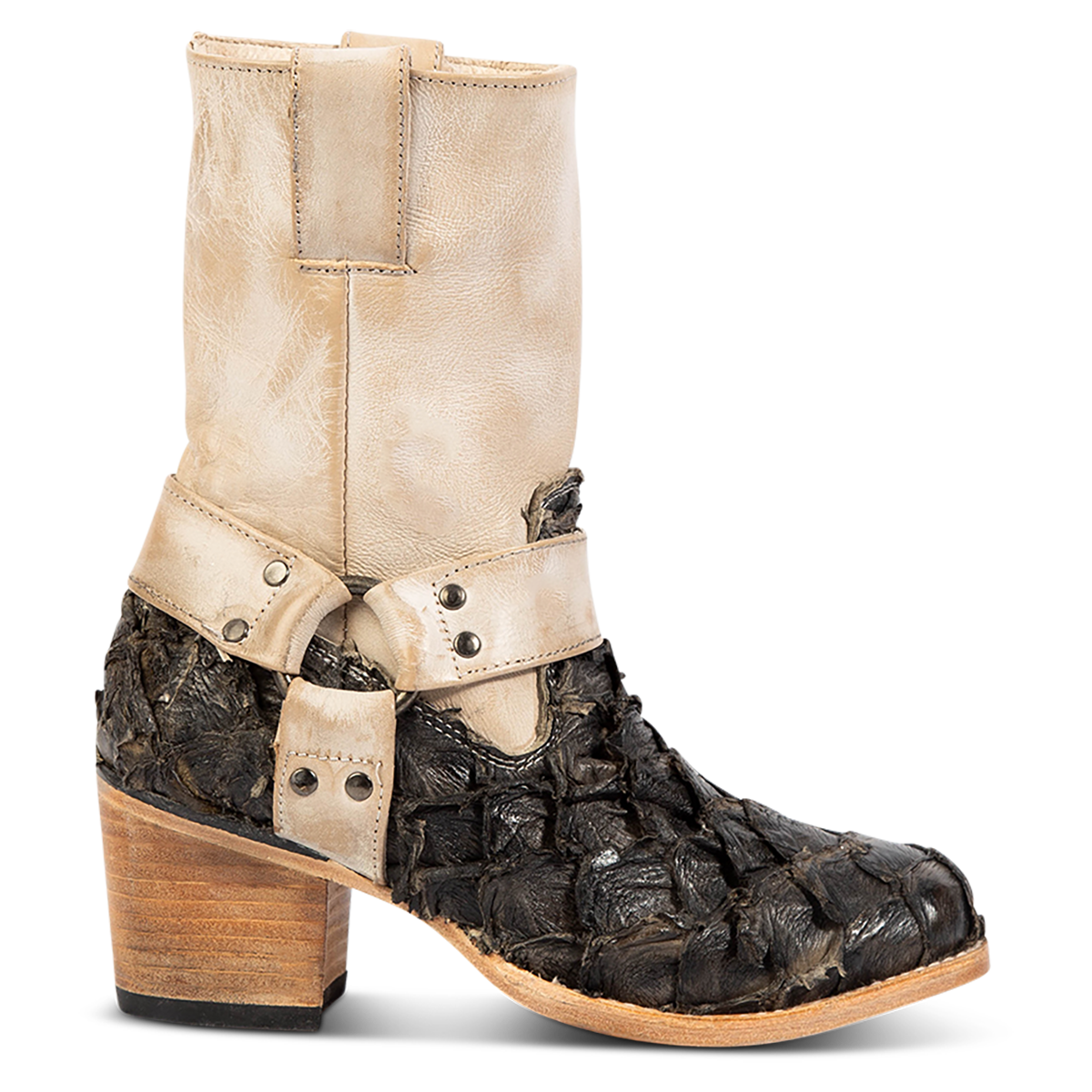 FREEBIRD women's Darcy beige multi fish leather boot with a studded ankle harness, leather pull straps, an inside zip closure and a square toe