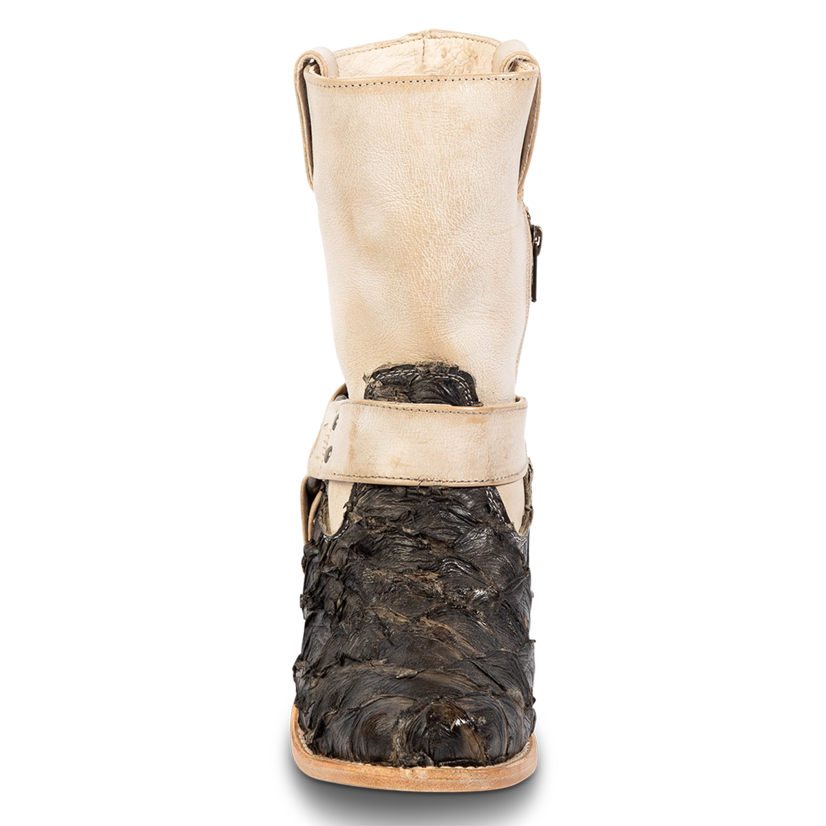 Front view showing FREEBIRD women's Darcy beige multi fish leather boot with a studded ankle harness, leather pull straps, an inside zip closure and a square toe