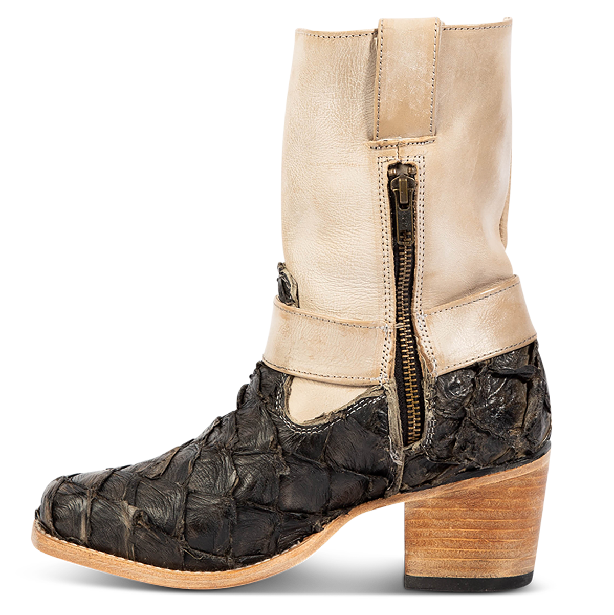 Inside view showing FREEBIRD women's Darcy beige multi fish leather boot with a studded ankle harness, leather pull straps, an inside zip closure and a square toe