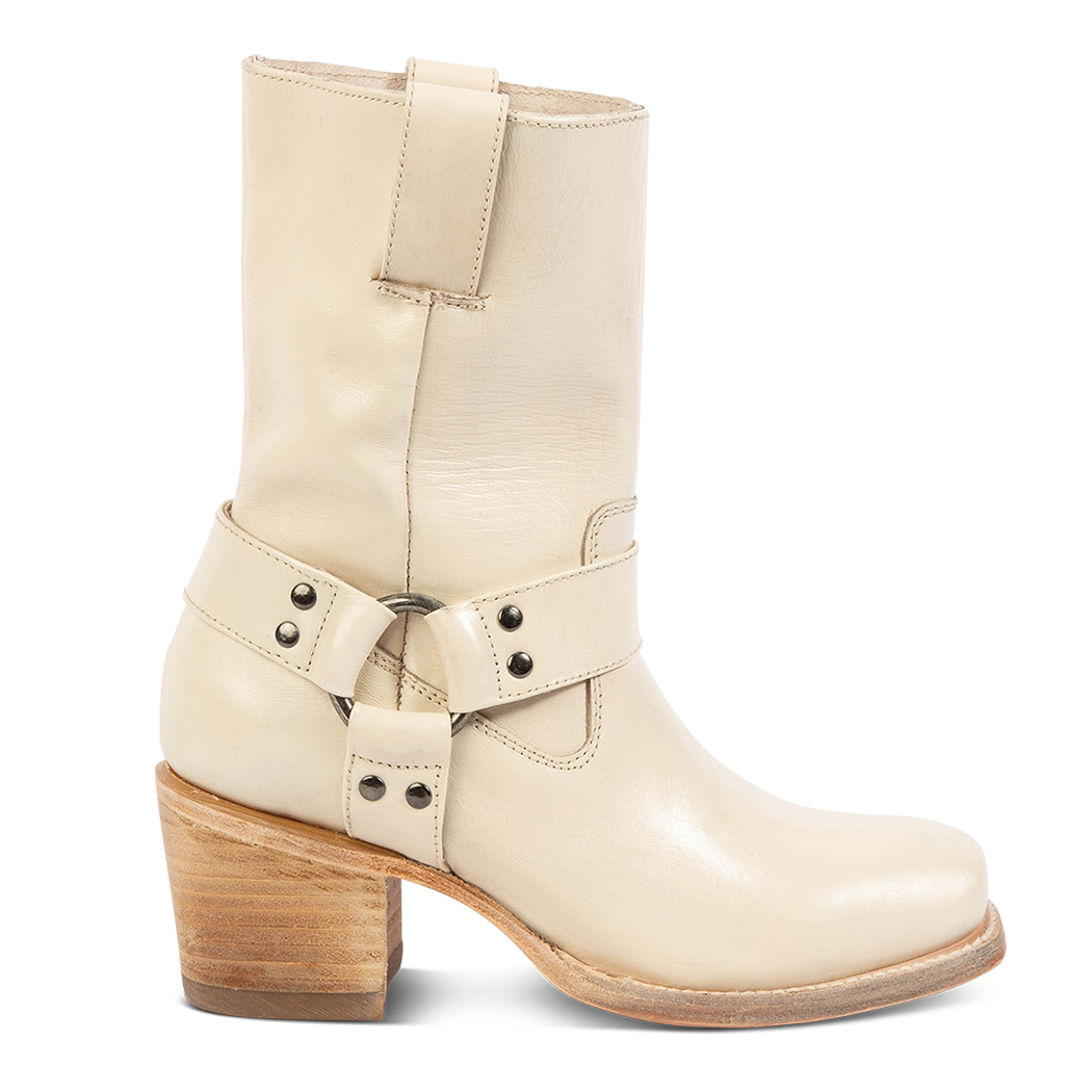 FREEBIRD women's Darcy beige leather boot with a studded ankle harness, leather pull straps, an inside zip closure and a square toe