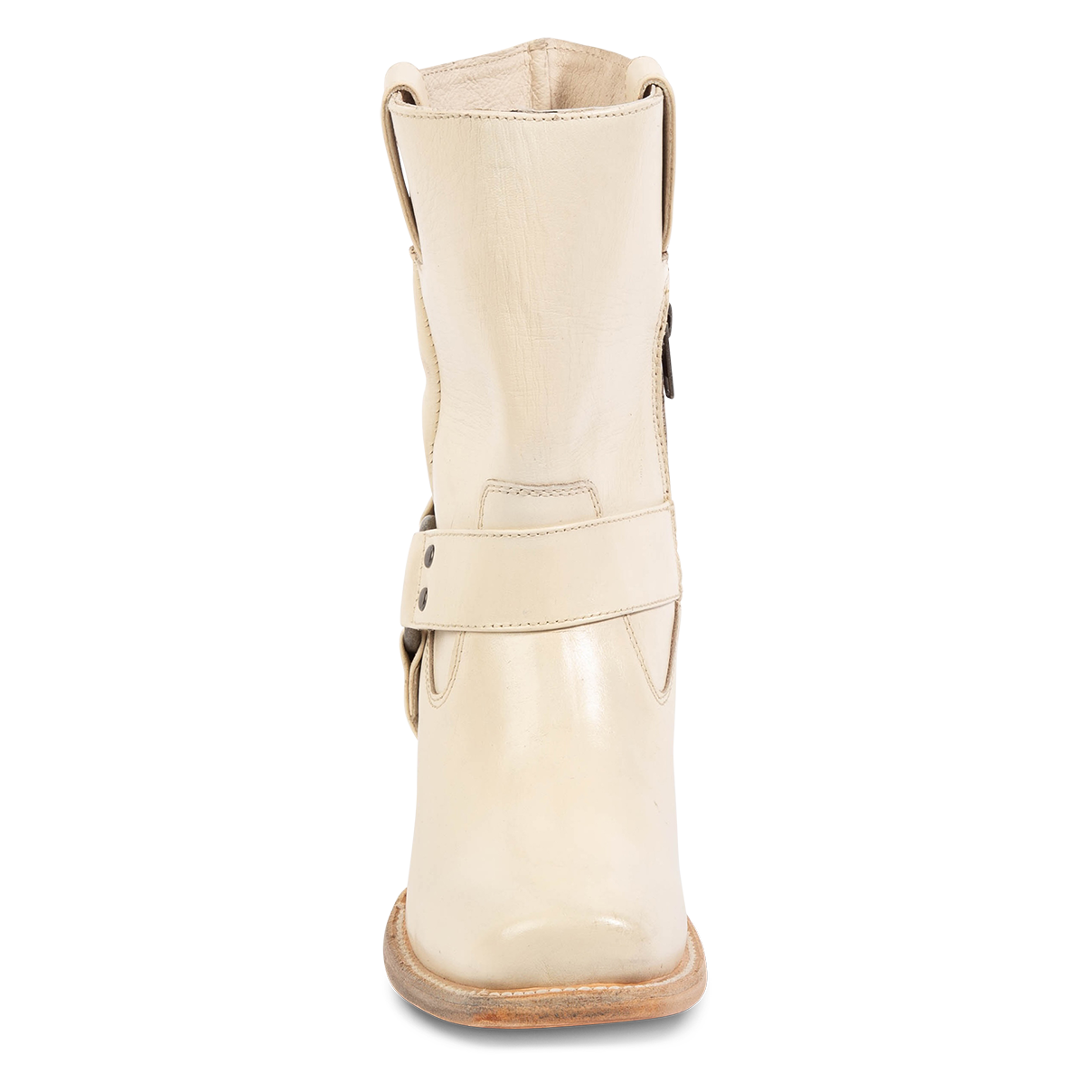 Front view showing FREEBIRD women's Darcy beige leather boot with a studded ankle harness, leather pull straps and a square toe