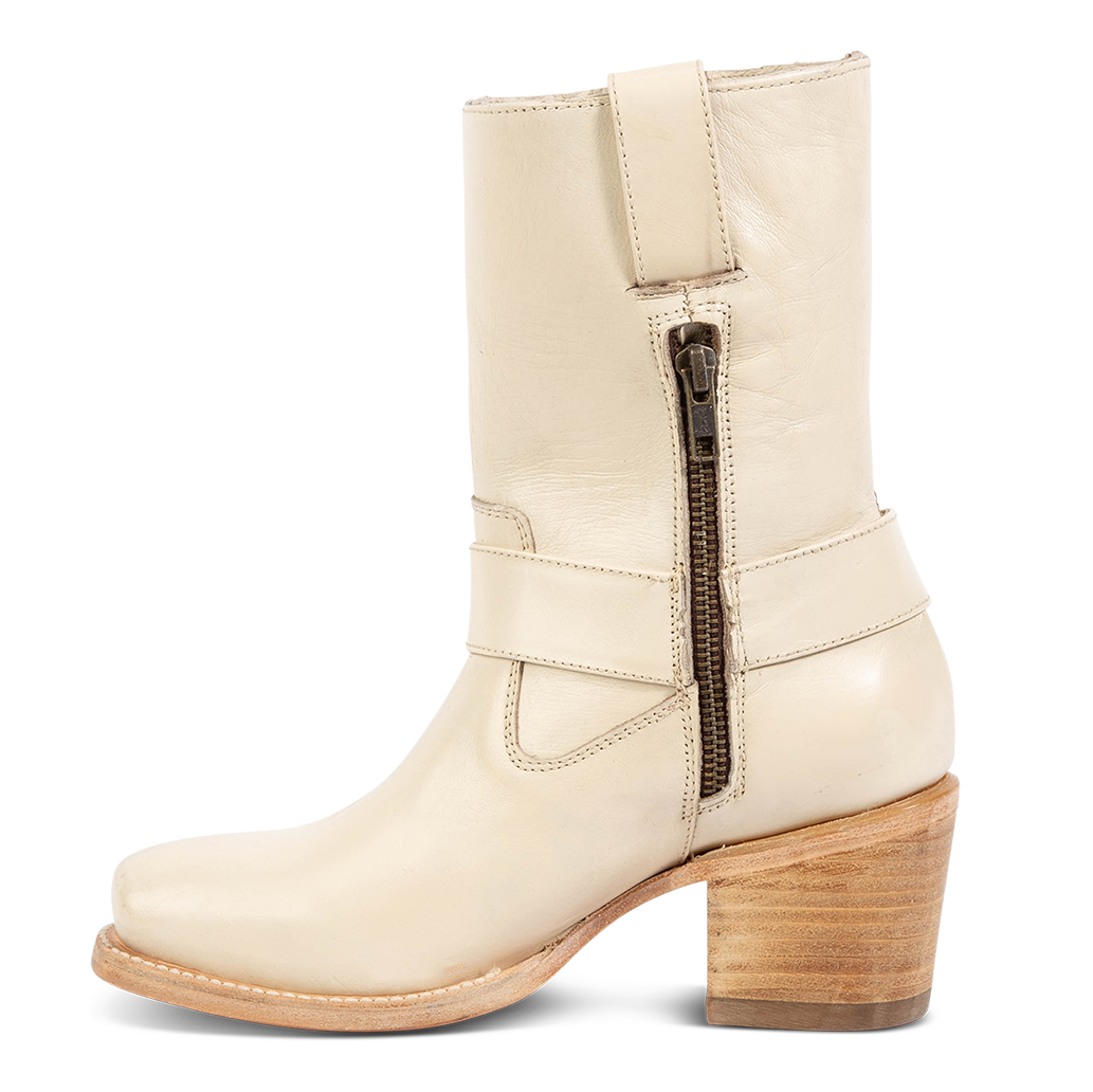 Inside view showing FREEBIRD women's Darcy beige boot with leather pull straps, inside zip closure, and square toe