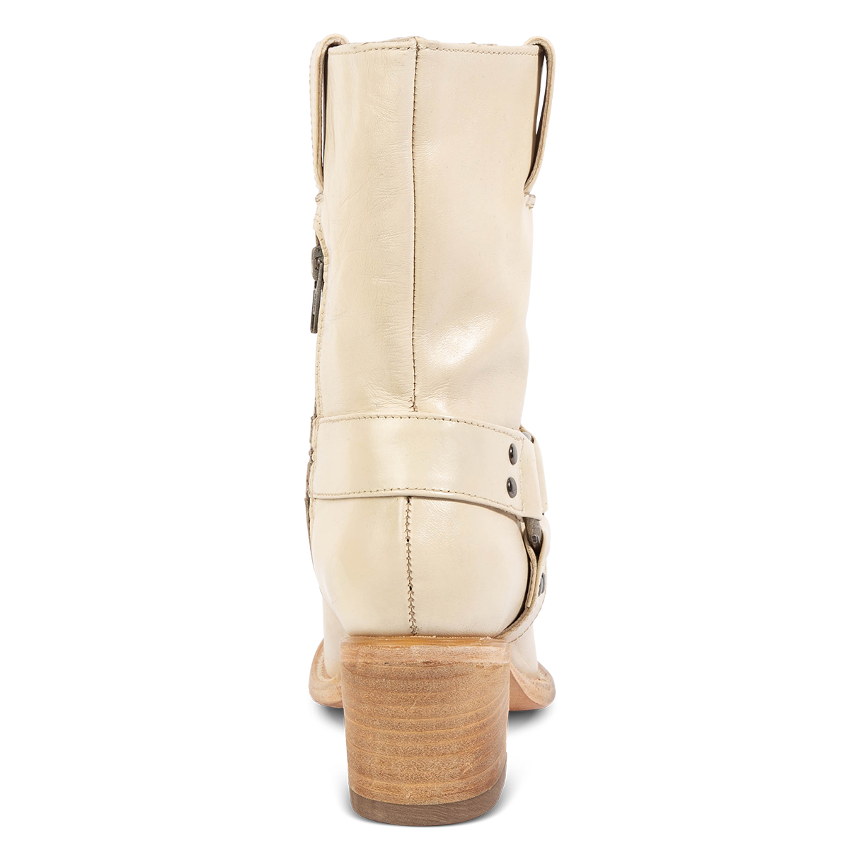 Back view showing FREEBIRD women's Darcy beige boot with leather pull straps, inside zip closure, and square toe