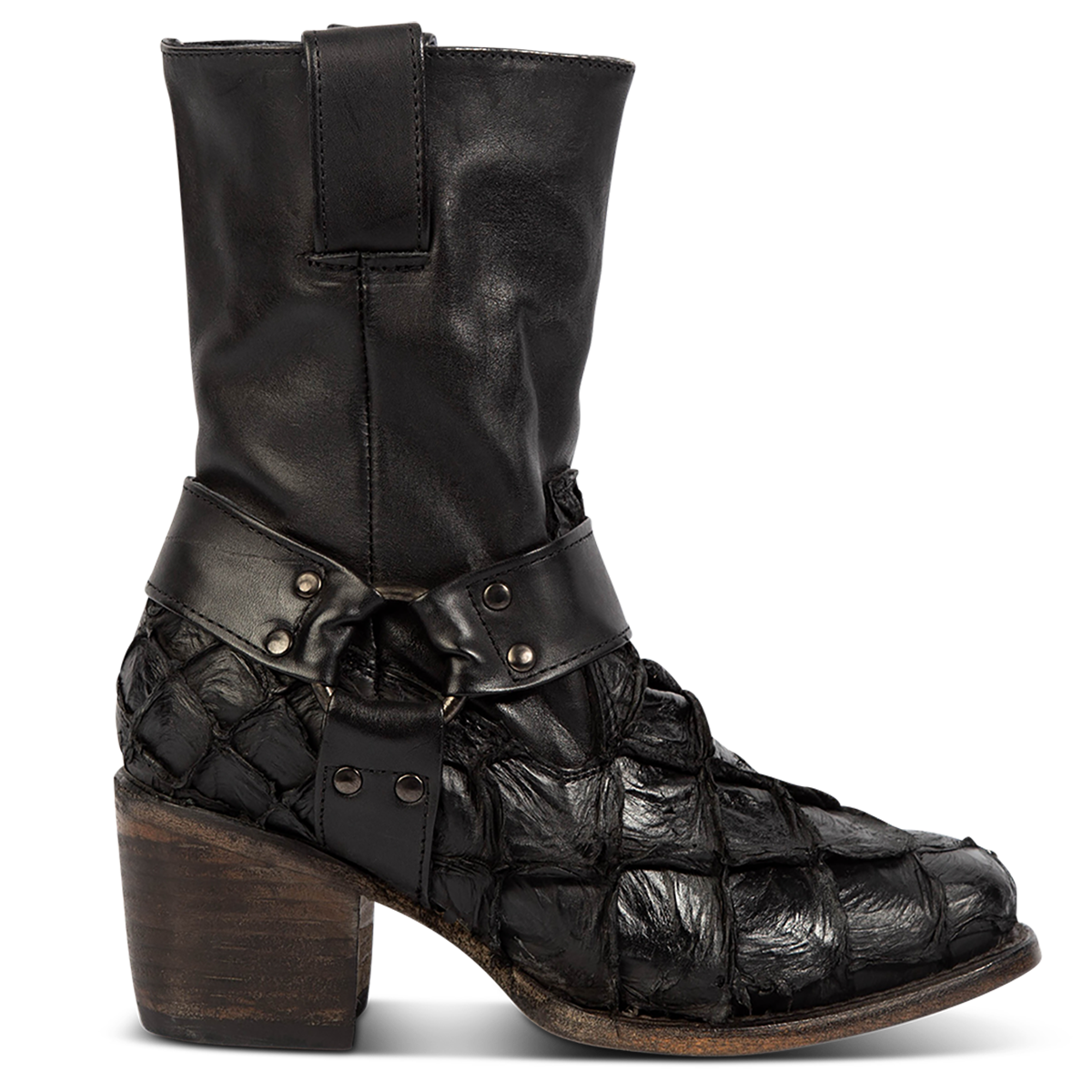 FREEBIRD women's Darcy black fish leather bootie with a studded ankle harness, leather pull straps, an inside zip closure and a square toe
